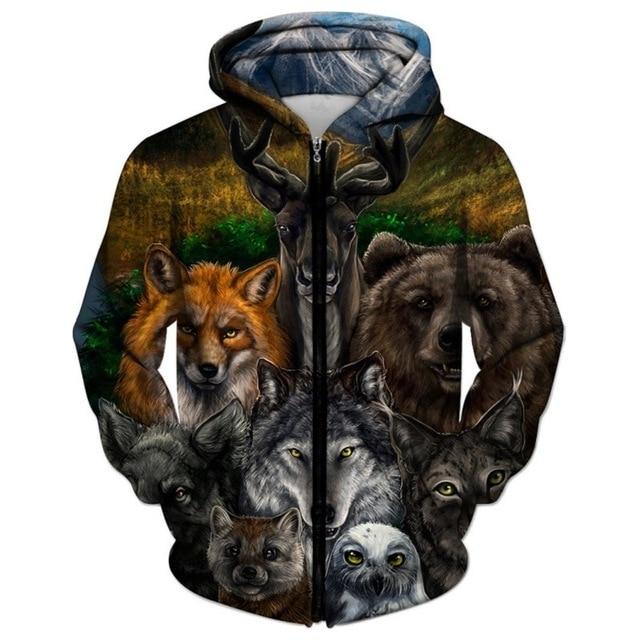 Wolf With Animal 3D Zipper Native American Hoodies