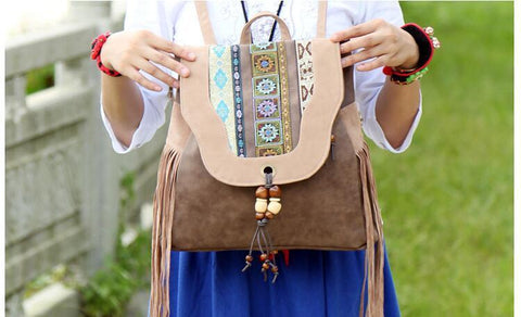 National Ethnic Women's Backpack With Beading Tassels