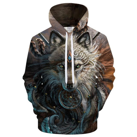 Wolf Face With Dreamcatcher 3D Native American Hoodies - Powwow Store