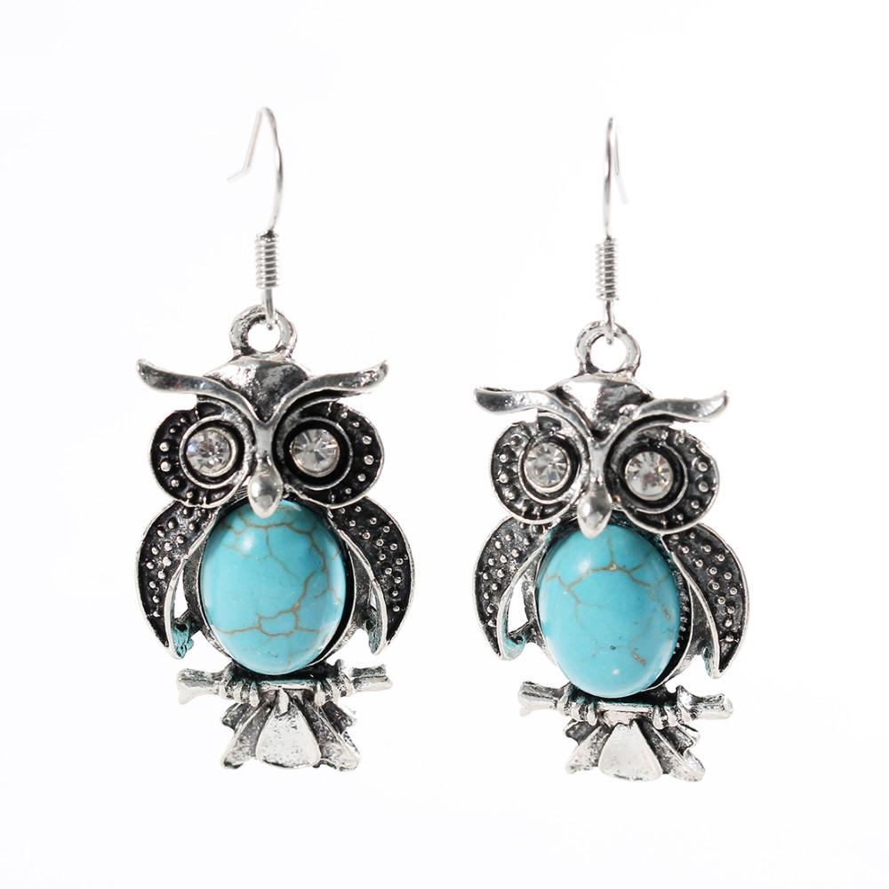 Crystal Tibetan Silver Blue Stone Earring Owl - ProudThunderbird