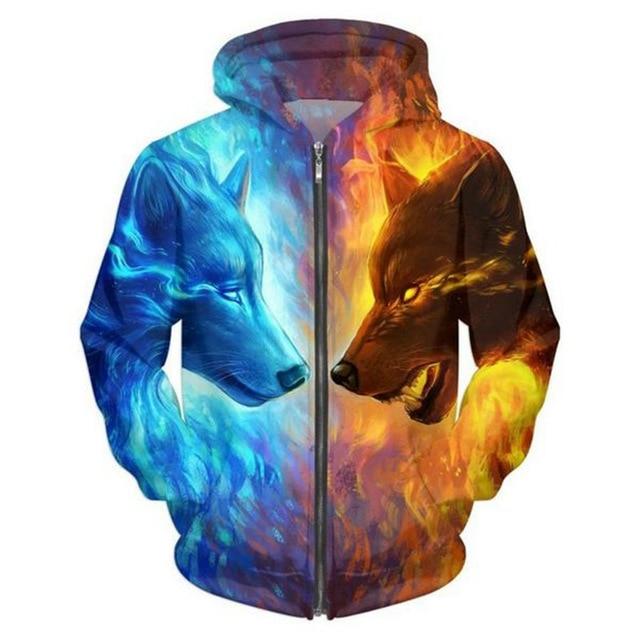Wolves Ice And Fire 3D Zipper Native American Hoodies - Powwow Store