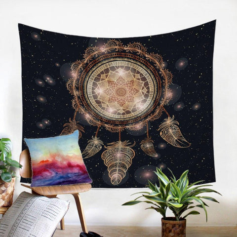 Golden Dreamcatcher Galaxy Native American Tapestry - ProudThunderbird