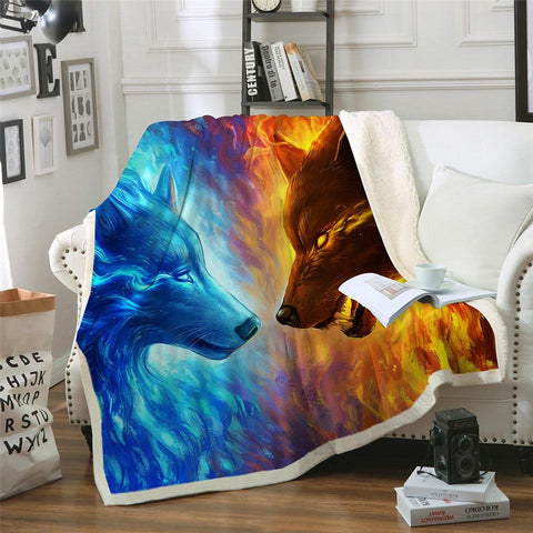 Fire Ice Wolves Native American 3D Throw Blanket - ProudThunderbird