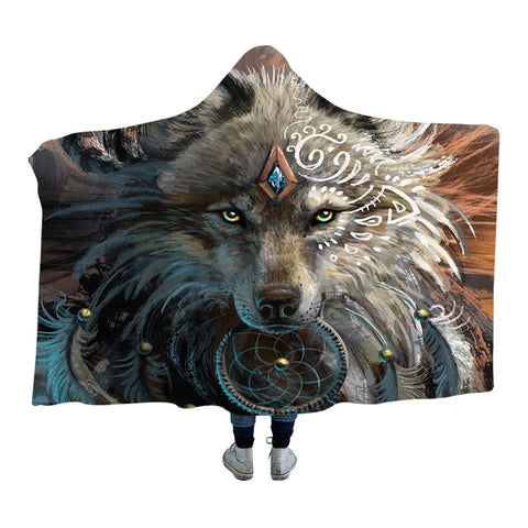 Indian Wolf Dreamcatcher Warrior Native American Hooded Blanket - ProudThunderbird