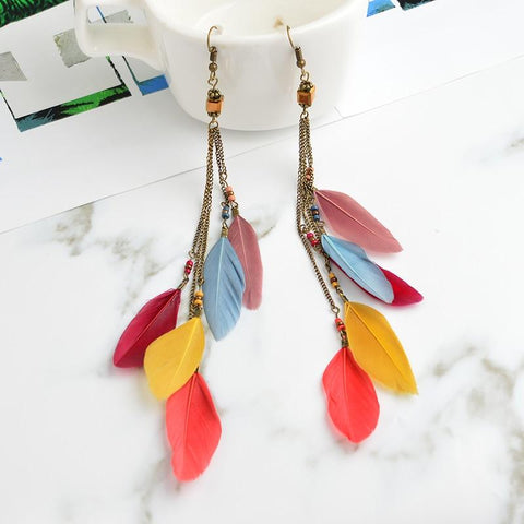 Feather Native American Earrings Extra Long Dangle Tassel - ProudThunderbird