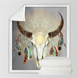 Bison Skull Head Feathers Tribal Throw Blanket Native American Design - ProudThunderbird