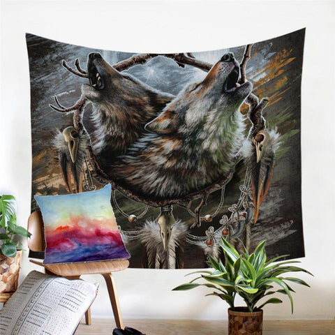 Moons Reflection Wolves Tapestry Native American Design - Powwow Store