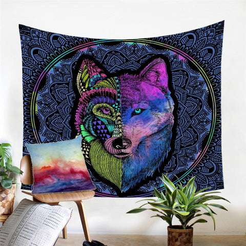 Colorful Wolf Tapestry Mandala Flower Native American Style - ProudThunderbird