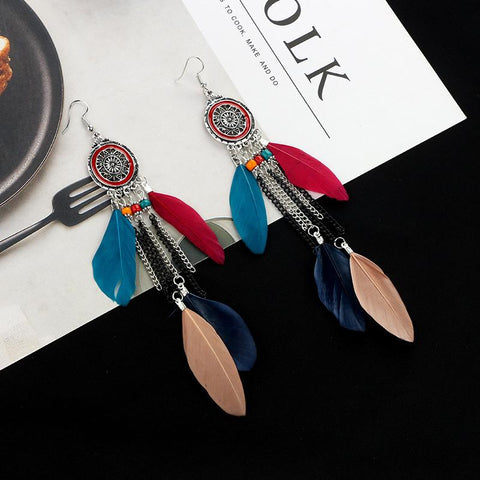 Tassel Drop Feather Dreamcatcher Tribal America Native Earrings - Powwow Store