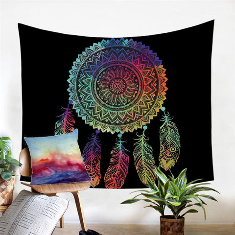 Mandala Indian Tapestry Colored Feathers Native American Design - Powwow Store