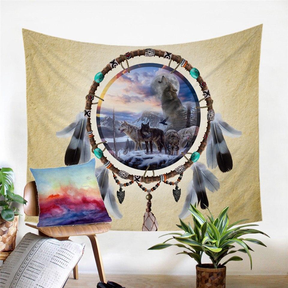 Wolves Dreamcatcher Feather Native American Indian Tapestry 3D