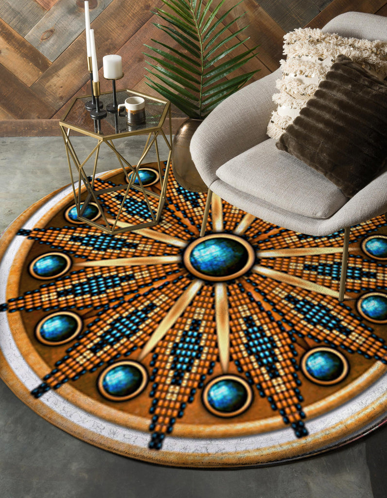 Naumaddic Arts Blue Stone Rosette Native American Design Round Carpet
