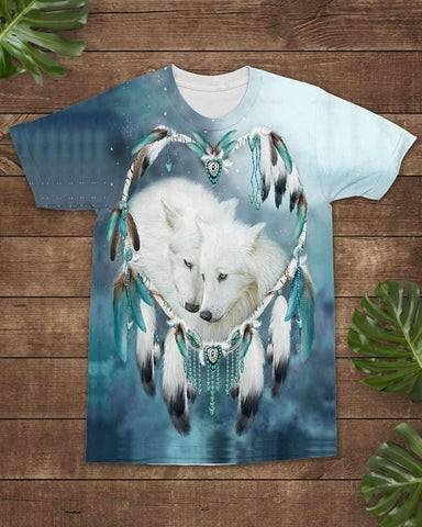 Native American Wolves Dreamcatcher Blue All-over T-Shirt - Powwow Store