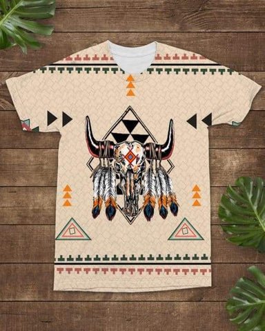 Native American Feather Bison Skull Head All-over T-Shirt - Powwow Store