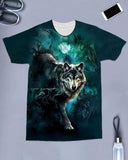 3D Moon Wolves Green Background All-Over T-Shirt - ProudThunderbird