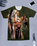 3D Native American Warrior Horse Green Background All-Over T-Shirt - ProudThunderbird
