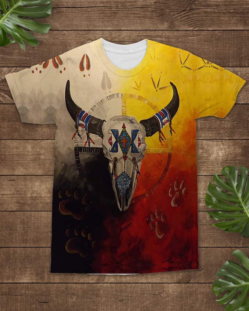 Bison Buffalo Native American Flag Background All-over T-Shirt - ProudThunderbird