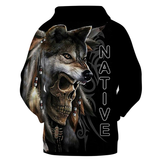 Native American Skull And Wolf All Over Hoodie v1 - Powwow Store