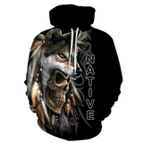Native American Skull And Wolf All Over Hoodie v1 - Powwow Store