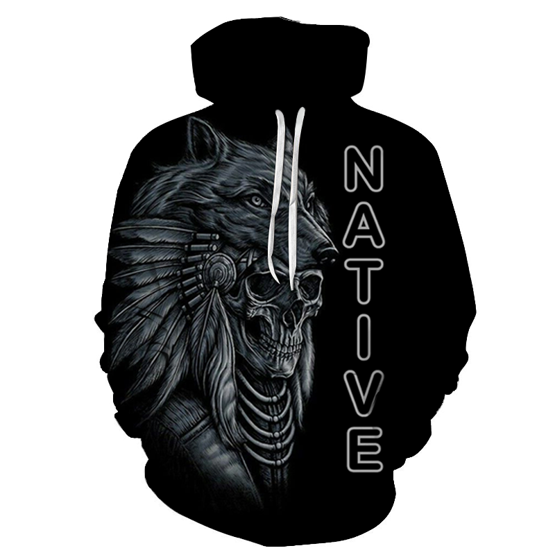 Native American Skull And Wolf All Over Hoodie v2 - Powwow Store