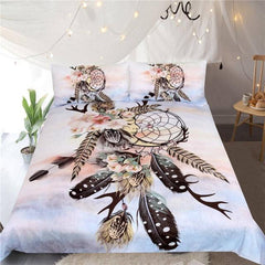Feathers White Dreamcatcher Native American Bedding Set - Powwow Store