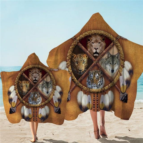 Wild Animal Wolf Leopard Dreamcatcher Native American Design Hooded Towel - Powwow Store