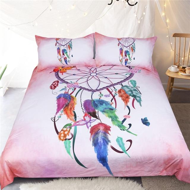 Pink and Sky Blue Feather Dreamcatcher Native American Bedding Set