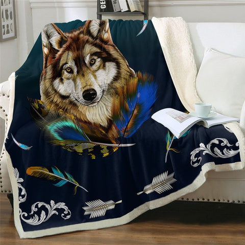 Powwow Store royal wolf blue by ismot esha bed blanket colorful feathers throw blanket wild animal bedding soft blanket 150x200cm tribal koce blankets