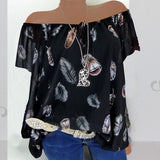 Powwow Store 5xl plus large size womens blouses summer tops new leisure blouse white loose feather print v neck half sleeve shirts blusas blouses shirts