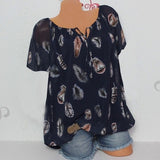 Powwow Store 5xl plus large size womens blouses summer tops new leisure blouse white loose feather print v neck half sleeve shirts blusas blouses shirts