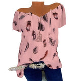 Powwow Store 5xl plus large size womens blouses summer tops new leisure blouse white loose feather print v neck half sleeve shirts blusas blouses shirts